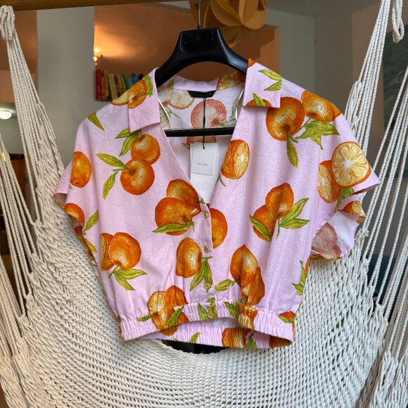 Zara Printed Linen Blend Crop Top Oranges On Pink Background size XS - Picture 1 of 3